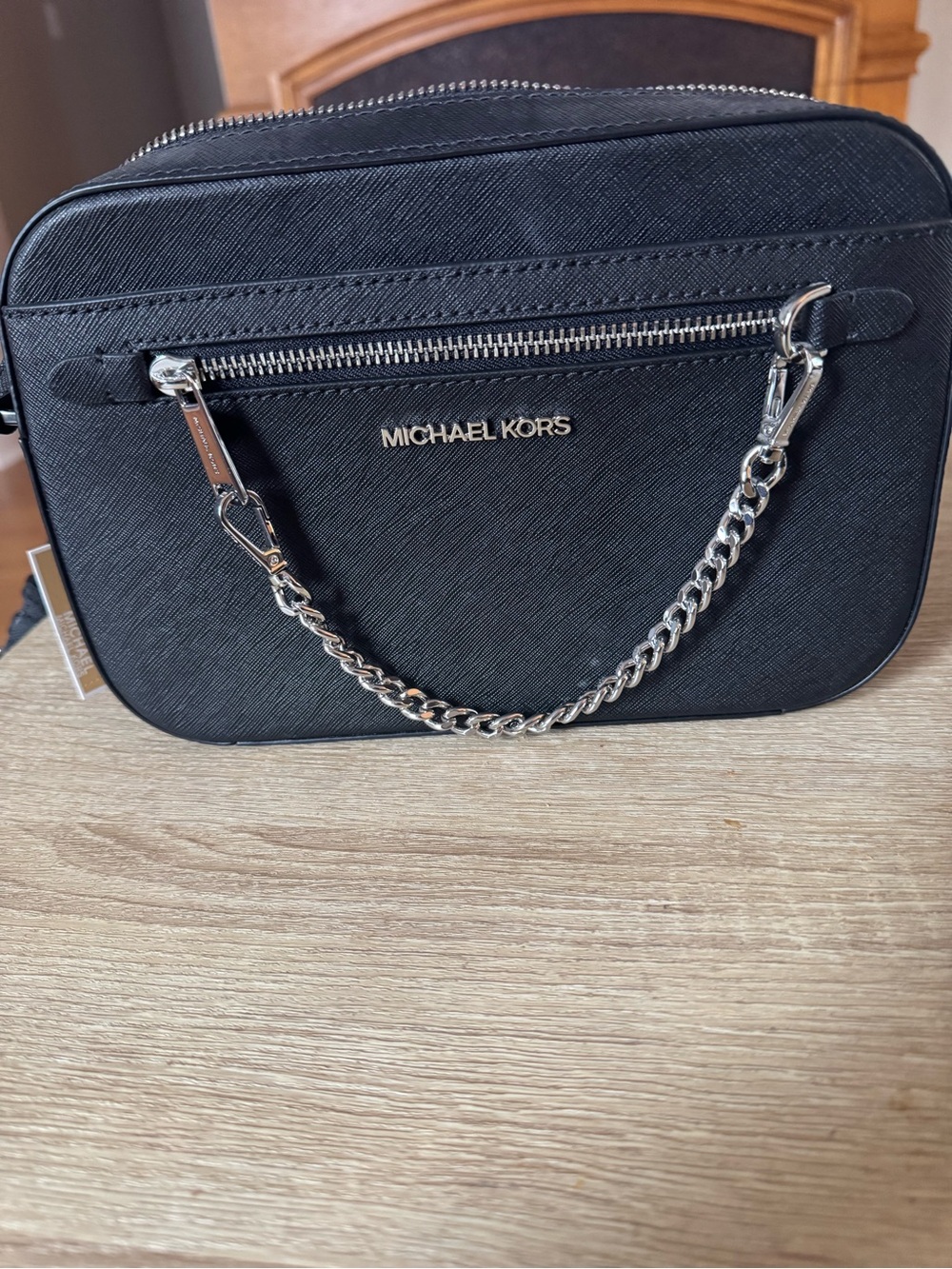 Michael Kors Black Jet Set Crossbody with Silver Chain Accent